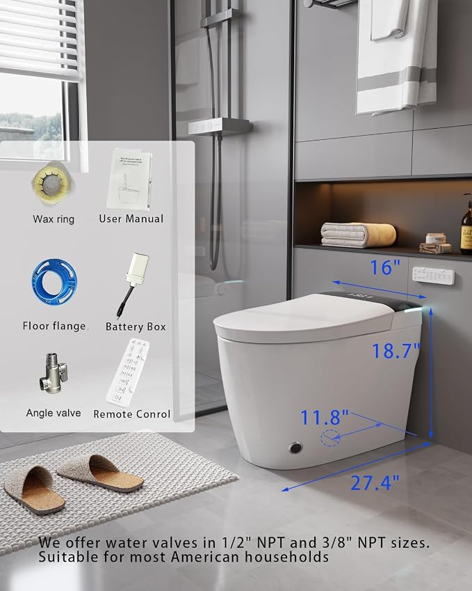 TOTTE Smart Toilet with Bidet Built in, Auto Open/Close Lid, ADA Comfort Height, 1000g MaP Flush, 1.28 GPF, Heated Seat & Dryer, Electric Tankless Toilets with LED Display