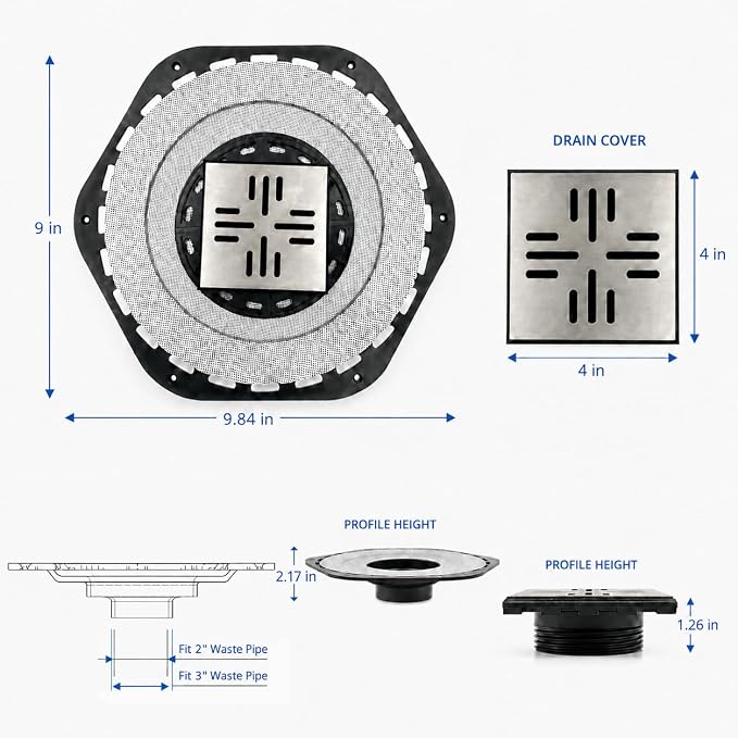 4-Inch Square Shower Drain Kit with Bonding Flange, Brushed Silver | Removable 304 stainless steel grate with hair strainer; fits 2- and 3-inch pipes for tiled shower floors and wet areas