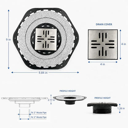 4-Inch Square Shower Drain Kit with Bonding Flange, Brushed Silver | Removable 304 stainless steel grate with hair strainer; fits 2- and 3-inch pipes for tiled shower floors and wet areas