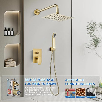 Shower Faucet Set With 8" Shower Head And Handheld Gold | Wall Mounted Shower System Valve Include 2 Function