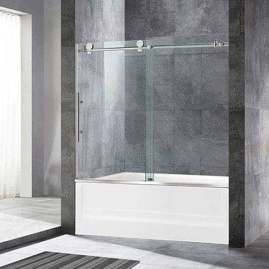 Woodbridge Frameless Bathtub Shower Doors 56-60" Width x 62" Height with 3/8"(10mm) Clear Tempered Glass in Brushed Nickel Finish