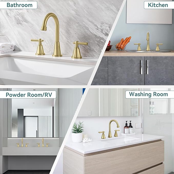 Damomo Bathroom Sink Faucet, Brushed Gold 8 Inch Widespread Bathroom Faucet for Sink 3 Hole, 2 Handle Faucet with Pop Up Drain and 2 Supply Hoses for RV Vanity