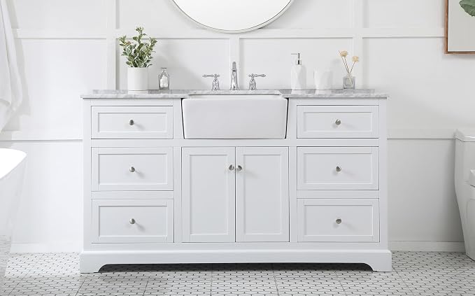 60" Pre-Assembled Bathroom Vanity with Sink, Solid Birch and MDF, Carrara White Marble Countertop Attached, Single Rectangle Porcelain Sink, 6 Soft-Close Drawers, White