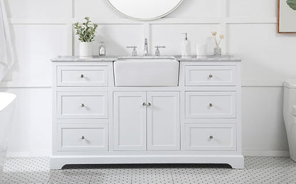 60" Pre-Assembled Bathroom Vanity with Sink, Solid Birch and MDF, Carrara White Marble Countertop Attached, Single Rectangle Porcelain Sink, 6 Soft-Close Drawers, White