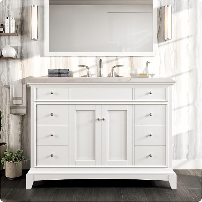 Modern Freestanding Bathroom Vanities - Solid Wood White 42 Inch Bathroom Sink Cabinet - Free-Standing Vanity Sinks for Bathrooms w/Brushed Nickel Knobs/Handles and Porcelain Vanity Sink