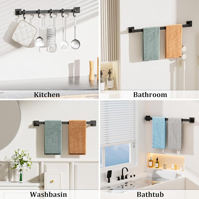 Alise Black Towel Bar Towel Racks for Bathroom Wall Mount 28 Inch | SUS304 Stainless Steel Bathroom Towel Holder, Full Square Towel Rod Towel Hanger for Bathroom Lavatory Kitchen