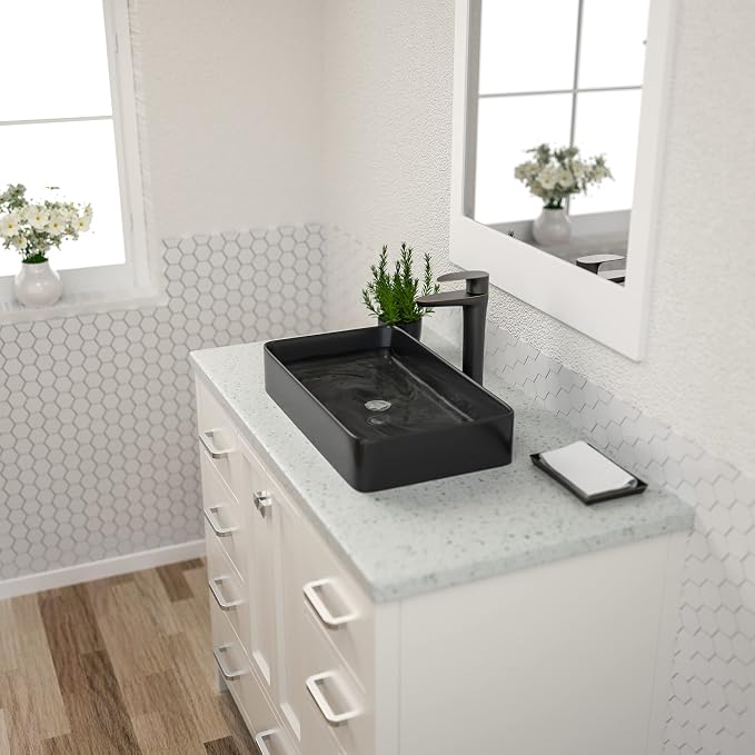 Black Vessel Sink - Dcolora 24 x 14 Bathroom Sink Matte Black Rectangular Above Counter Vessel Sink Ceramic Countertop Lavatory Vanity Bowl Sink Art Basin Sink