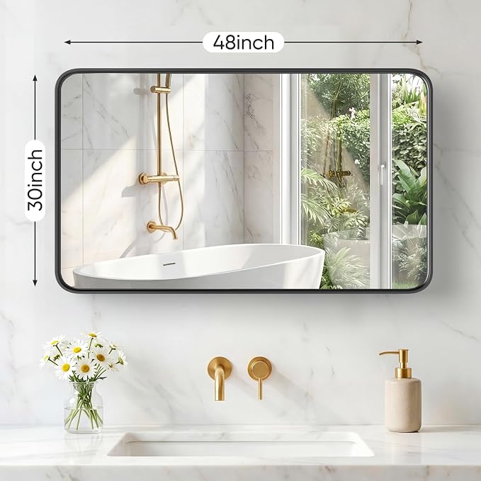 Sweetcrispy Bathroom Mirror 48x30 Inch, Vanity Mirror for Wall | Metal Framed Rounded Rectangle, Over Sink, Farmhouse Restroom, Anti-Rust, Horizontal or Vertical Hanging, Black