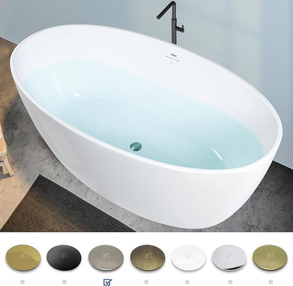 FerdY Tahiti 59" Acrylic Freestanding Bathtub, Elegant Oval Shape Bathtub, Glossy White, Brushed Nickel Drain & Integrated Slotted Overflow Assembly Included cUPC Certified, 02119