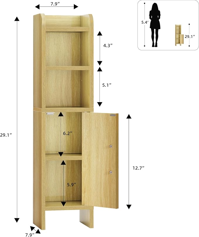 Small Bathroom Storage Corner Floor Cabinet Narrow Toilet Paper Cabinet with Adjustable Shelves Wooden Slim Bathroom Organizers and Storage with Fluted Door for Small Spaces, Wood
