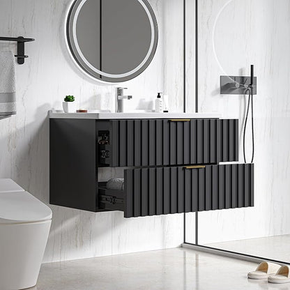 ONBRILL 30 Inch Bathroom Vanity with Sink Combo, Floating Bathroom Vanity with 2 Fluted Drawers & Metal Handle, Modern Wall Mount Storage Cabinet with Ceramic Integrated Sink for Small Space (Black)