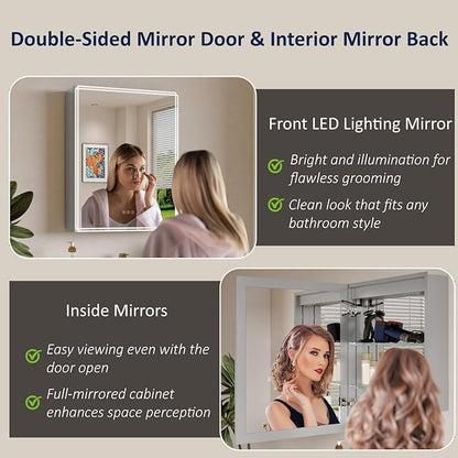 Buruis 20'' x 28'' Medicine Cabinet with Lights and Mirrors, Recessed or Wall Mounted Modern Bathroom Cabinet with 3-Mode Light, Anti-Fog, Dimmable, Memory Function, Outlet, Silver
