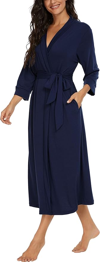 VINTATRE Women Kimono Robes Long Knit Bathrobe Lightweight Soft Knit Sleepwear V-neck Casual Ladies Loungewear