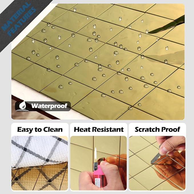 Yipscazo 10 Sheet Peel and Stick Backsplash Mosaic Tiles Stainless Steel Metal Kitchen Backsplash Stick on Tiles for Stove, Bathroom, Laundry in Mirror Gold (11.8'' x 11.8'')