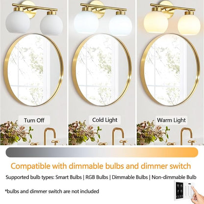 2 Light Bathroom Vanity Light, Gold Bathroom Light Fixtures Over Mirror, Mid Century Modern Wall Sconce with Frosted Globe Glass Shades, Brass Vanity Light, E26 Socket