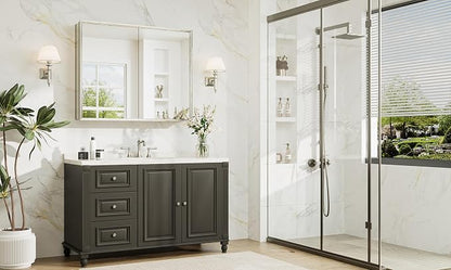 40 x 32 Bathroom Mirror Cabinet, Assembly Required, Nickel Recessed Medicine Cabinet with Mirror, Steplessly Adjustable Shelves, Beveled Aluminum Frame, Tempered Glass