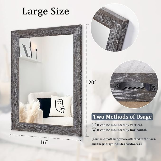 AAZZKANG Wall Mirror with Rectangle Wood Frame Large 20"x16" Rustic Decorative Hanging Mirrors for Bedroom Bathroom Living Room Home Office