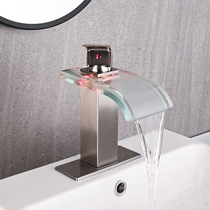 LED Bathroom Sink Faucet, Brushed Nickel Waterfall Single Hole Handle Vanity Faucets for Sinks 1 Hole with Metal Pop Up Drain and 2 Water Supply Lines, Wide Glass Spout