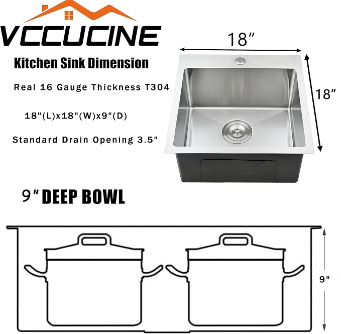 VCCUCINE Bar Sink Drop in,18 x 18 Inch Topmount RV Small Kitchen Sink,Handmade Stainless Steel Wet Bar Sink,Outdoor Single Bowl,Brushed Nickel Prep Sink with Drain