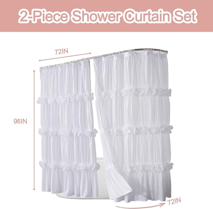 Homechoice Decor Fabric Shower Curtain 2 Pack, 72" W x 96" L x 2 Panels | Double Panels for Easy Access, Soft Brushed Texture, Elegant Ruffle Design, Hotel-Style Bathroom Décor, White (LQ-44)