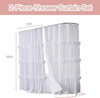 Homechoice Decor Fabric Shower Curtain 2 Pack, 72" W x 96" L x 2 Panels | Double Panels for Easy Access, Soft Brushed Texture, Elegant Ruffle Design, Hotel-Style Bathroom Décor, White (LQ-44)