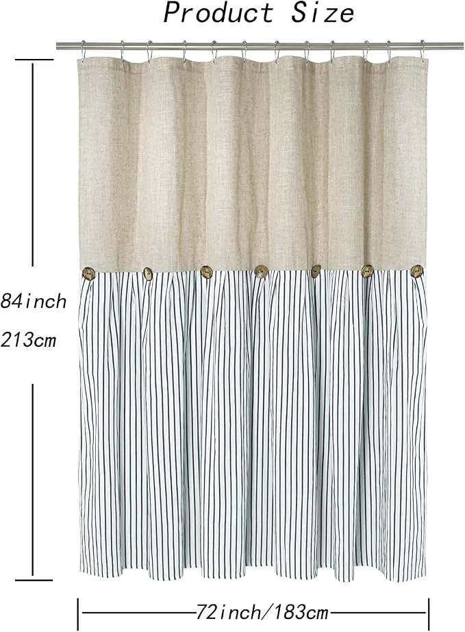 DOSLY Ides Farmhouse Shower Curtain, Beige and Blue Stripe, Button Curtain, Linen and Cotton Woven Fabric, Rustic Charm Country Chic Style, 72x84 in