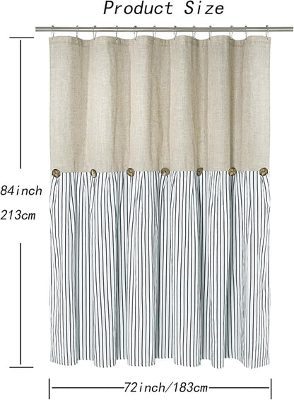 DOSLY Ides Farmhouse Shower Curtain, Beige and Blue Stripe, Button Curtain, Linen and Cotton Woven Fabric, Rustic Charm Country Chic Style, 72x84 in