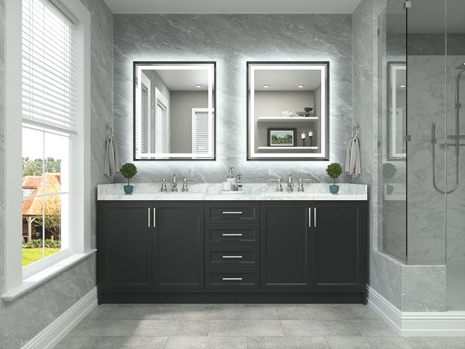 Led Bathroom Mirror 30 x 36 with Brushed Gunmetal Gray/Off‑Black Frame Anti-Fog Frontlit & Backlit Vanity Mirror Stepless Dimmable Lighted Mirrors for Bathroom Wall