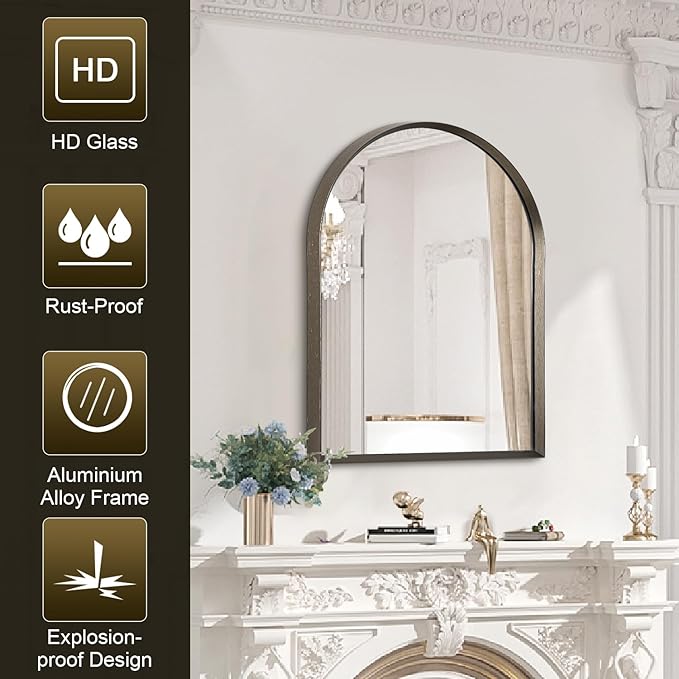 Arched Mirrors for Wall, Brushed Metal Frame Mirror, Arch Bathroom Vanity Mirror for Living Room Bedroom Mantel Entryway Hallways Home Decor Aluminum Alloy Frame 20"x16"