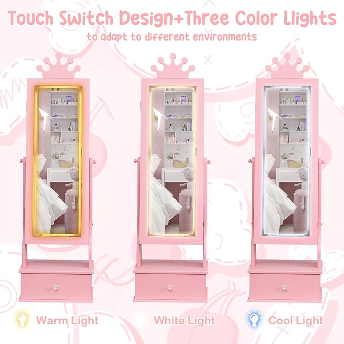 GarveeHome Kids Jewelry Armoire,Child Jewelry Cabinet with Led Light,Freestanding Jewelry Organizer with Full Length Mirror&Storage Drawers,Kids Vanity Dress Up Mirror Jewelry Cabinet for Girls(Pink)