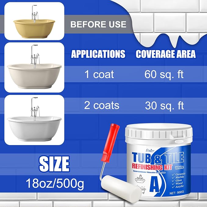 Tub and Tile Refinishing Kit - 17oz Semi-Gloss White Tile Paint with Tools for Bathtub Sink Countertop for Bathroom Kitchen, Bathtub Paint for Ceramic, Porcelain Fiberglass, Low Odor, 25-30 sq.ft
