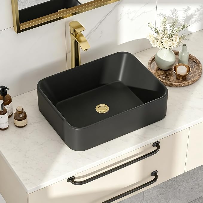 Black Vessel Sink, 19x15 Inch Bathroom Sink Rectangle Above Counter | Modern Ceramic Vessel Sink, Stain Resistant Wash Basin for Bathroom Vanity & Powder Room