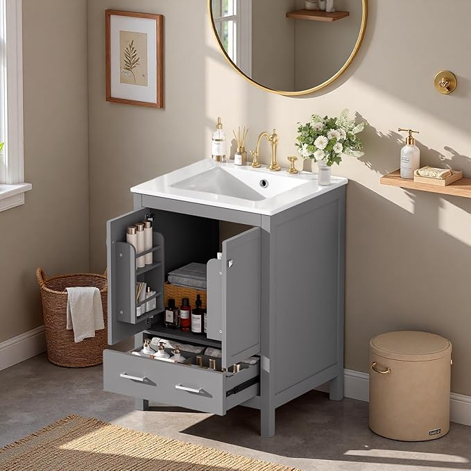 24" Freestanding Bathroom Vanity with Sink, Floor Stand Bathroom Storage Cabinet with Ceramic Sink, Door with Double-Layered Storage Shelves, Modern Compact Vanity with Divided Drawer, Gray