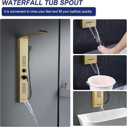 4 in 1 Rainfall Shower Panel Tower with Powerful Body Jets, Gold | High Pressure Stainless Steel Shower Column with Flexible Handheld, Waterfall Tub Spout, Adjustable Waterflow