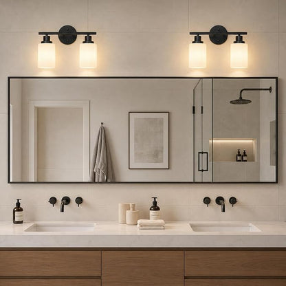 Unicozin 2 Light Bathroom Light Fixtures, Modern Vanity Lights with Milky Glass Shade, Black Wall Lamp Over Mirror for Bathroom, Living Room, Cabinet, Bedroom, E26 Base