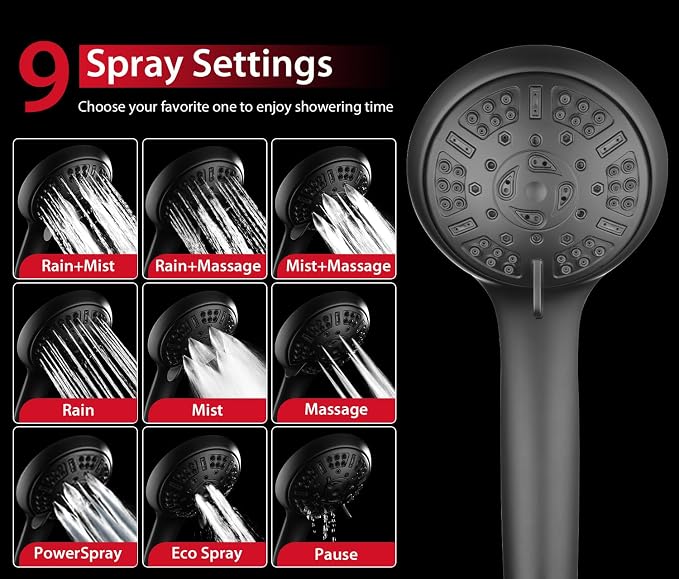 GRICH Shower Head with Handheld Spray - Dual High Pressure Showerhead | Rainfall Shower Heads Combo, Detachable Hand Shower, 9 Spray Settings, 60" Stainless Steel Shower Hose, 2.5GPM, Black