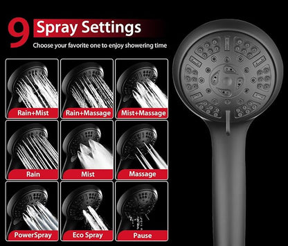 GRICH Shower Head with Handheld Spray - Dual High Pressure Showerhead | Rainfall Shower Heads Combo, Detachable Hand Shower, 9 Spray Settings, 60" Stainless Steel Shower Hose, 2.5GPM, Black