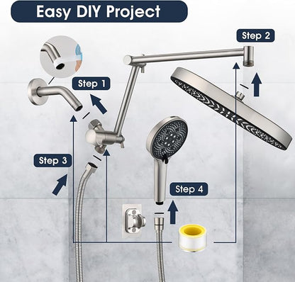 PDPBath 14 Inch Rain Shower Head with 5+1 Settings Handheld Spray Combo, High Pressure Rainfall Shower Head with 16'' Adjustable Extension Arm, 79" Extra Long Hose, 3-Way Diverter, Brushed Nickel