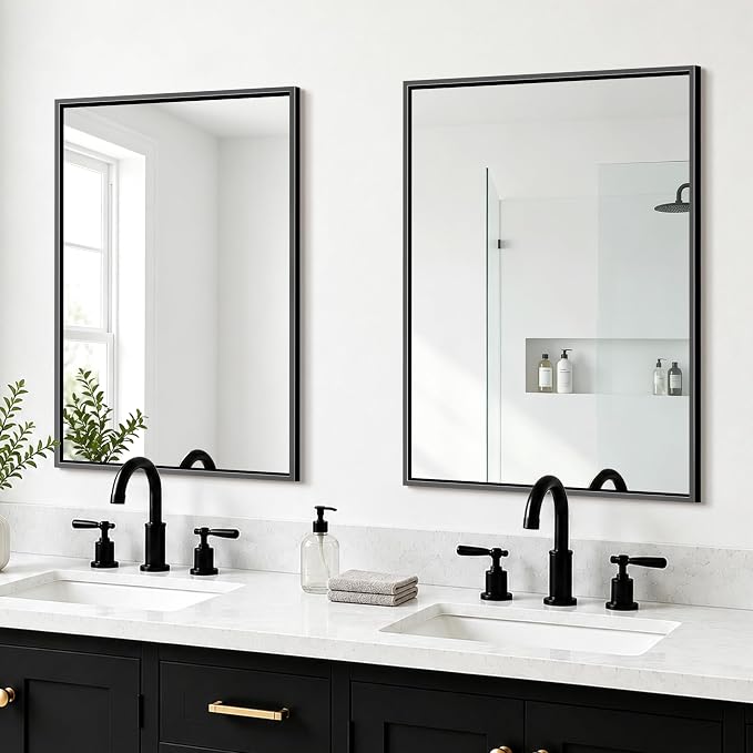 Bathroom Mirror for Wall, 2 Pack 20"x30" Black Vanity Mirror | Sturdy Rectangular Metal Frame, HD Tempered Glass, Hangs Horizontally or Vertically in Bedroom, Living Room, Entryway