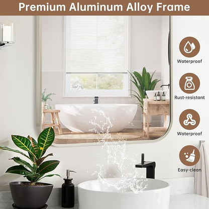 Brushed Nickel Mirror, 24"x32" Rectangle Bathroom Mirror, Metal Frame Rectangle Corner Vanity Mirror, Wall Mounted Mirror for Modern, Living Room, Bedroom, Horizontal Or Vertical