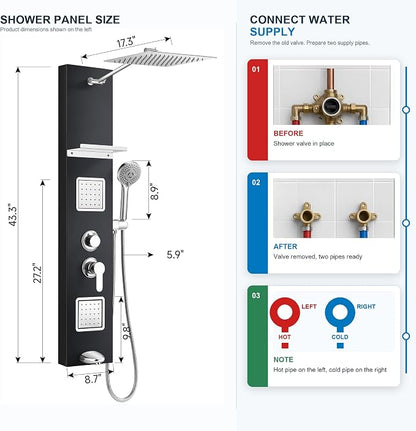 Shower Panel Tower System with Shelf, Adjustable Body Jets and Tub Spout | Rainfall shower panel with angle adjustable side jets, tub spout, 5-function handheld sprayer and built-in shelf