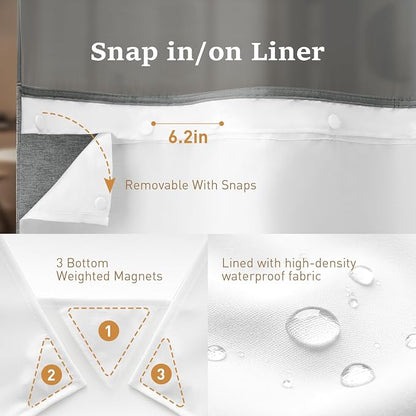 Charcoal Grey Ringless Linen Look Shower Curtain with Snap Liner 72x75 | 3 in 1 Hotel Shower Curtain Set, Removable Liner, Waterproof & Washable, Mesh Top Window, Durable Fabric, Easy to Install