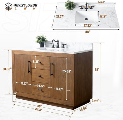 Vanity Art 48 inch Bathroom Vanity with Single Sink, Modern Wood Bath Vanity with Carrara Marble Top, Vanity Cabinet with Doors， Removable Shelf, Solid Wood Frame, Ceramic Sink, Tan, VA7048E