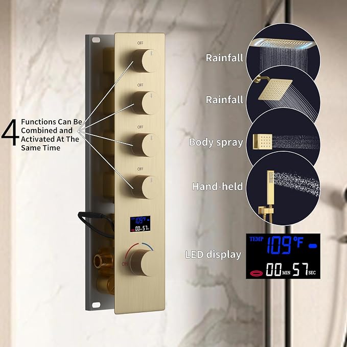 16X26 inch Rainfall Shower System Brushed Gold Shower Faucet Set | Temperature Display Shower Faucet with 6 Body Jet, 8 inch Wall Mounted Shower Head and Handheld Set