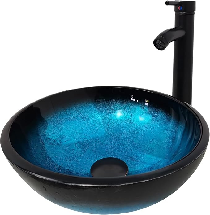Vessel Sink 12" Bathroom Sinks Tempered Glass Blue Art Basin Round Bowl with Faucet Combo, Blue