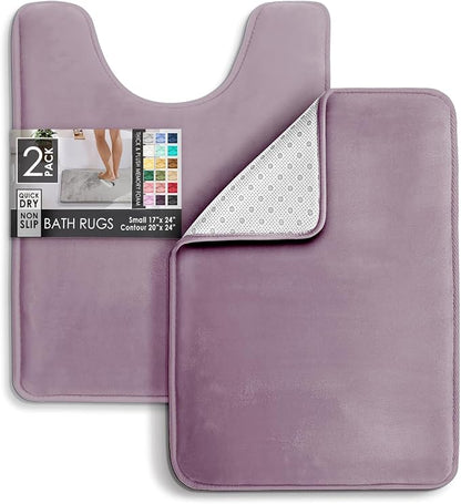 Clara Clark 2 Piece Bathroom Rugs, Velvet Memory Foam Bath Mat Set, Non-Slip Bath Rugs, Machine Wash, Dries Quickly, Ultra Soft Plush Bath Mats for Bathroom, 17 x 24 + Contour, Dusty Purple