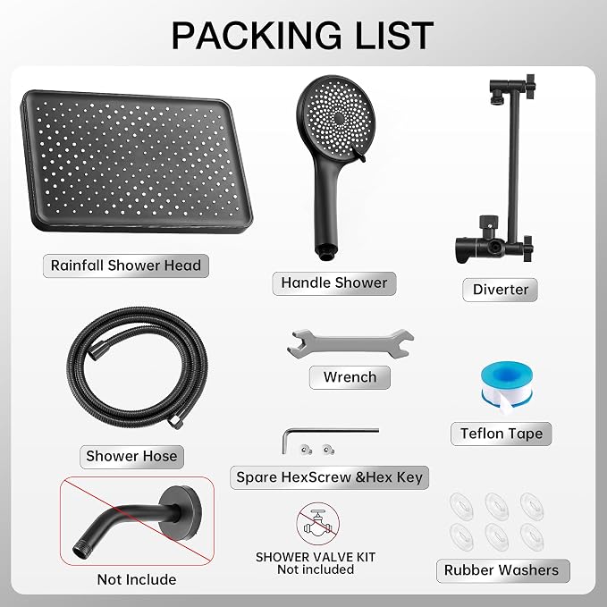 Shower Head with Handheld, Built-in Power Wash Mod High Pressure Rain Showerhead Spray Combo Set, Adjustable 13" Dual Tandem Shower Heads - Matte Black