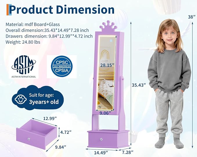 GarveeHome Kids Jewelry Armoire,Child Jewelry Cabinet with Led Light,Freestanding Jewelry Organizer with Full-Length Mirror,3 Storage Drawers,Kids Vanity Dress Up Mirror Cabinet for Girls（Purple）