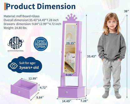 GarveeHome Kids Jewelry Armoire,Child Jewelry Cabinet with Led Light,Freestanding Jewelry Organizer with Full-Length Mirror,3 Storage Drawers,Kids Vanity Dress Up Mirror Cabinet for Girls（Purple）