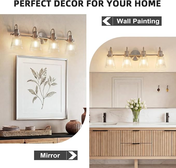 4-Light Bathroom Light Fixtures 25.7 Inch Brushed Nickel Vanity Lights for Bathroom Lighting Fixtures Over Mirror with Clear Striped Glass Shade for Mirror Bedroom Hallway